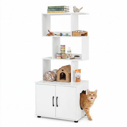 The cat furniture is shown with two cats, one peeking out of the litter box compartment and another on the top shelf