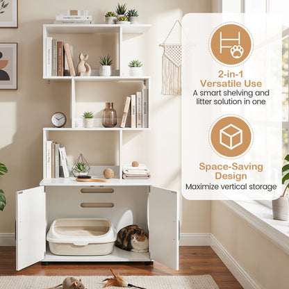 The cat furniture is shown in a room with a litter box inside the enclosure and shelves displaying books and decorative items
