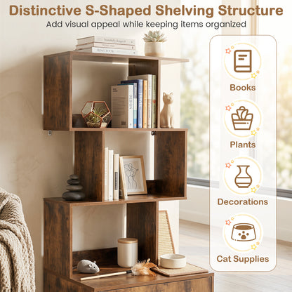 the cat furniture with books and ornaments arranged on the open shelves in a bright room