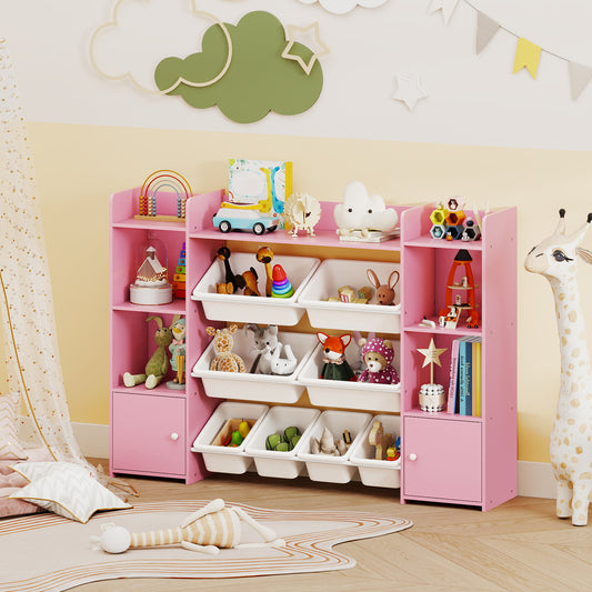 The kids storage unit placed in a child's bedroom with toys and books on display