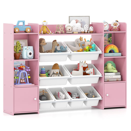 142 cm Large Toy Storage Organizer filled with various toys and books on shelves and in bins