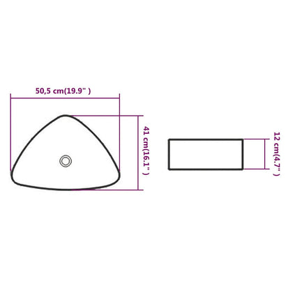 Diagram showing the dimensions of the triangular ceramic basin