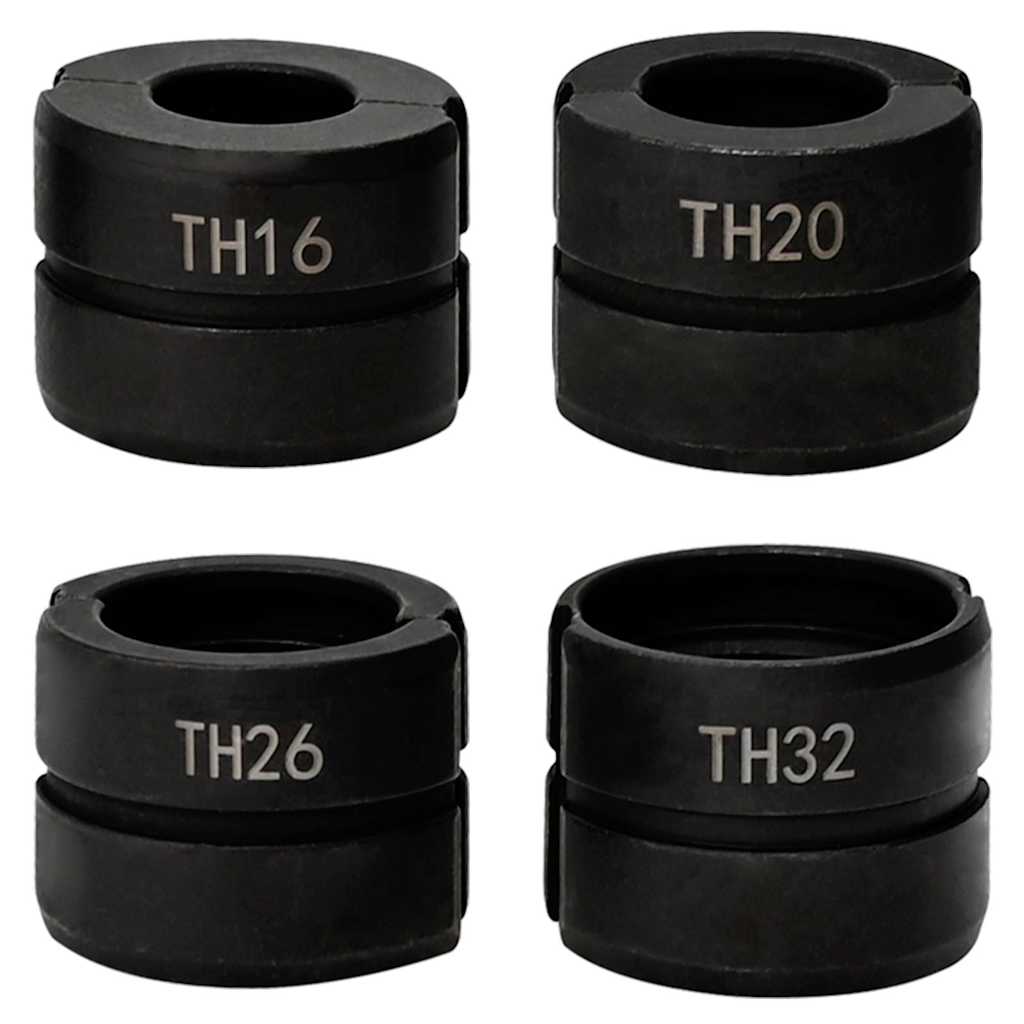 Four black circular dies for the hydraulic crimping pliers, marked TH16, TH20, TH26, TH32