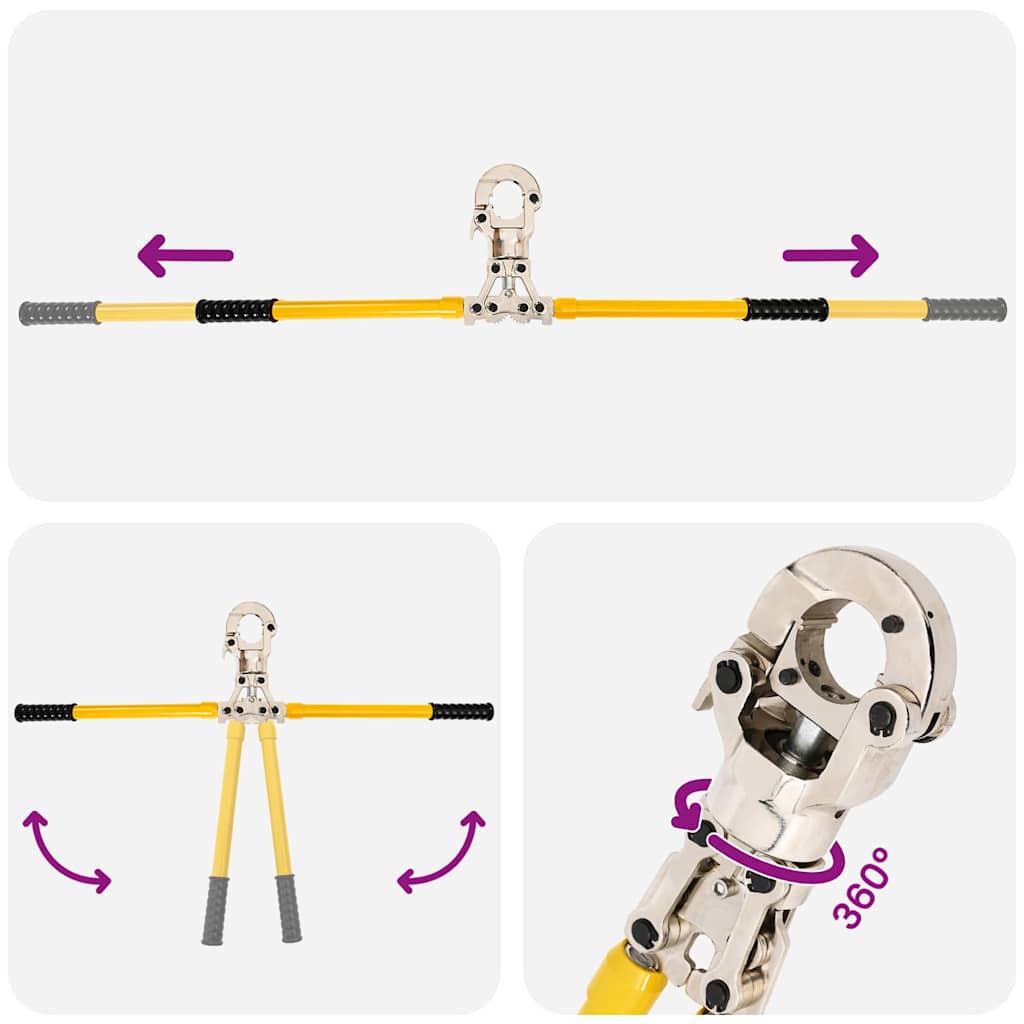 Diagram showing the telescopic action and rotation of the hydraulic crimping pliers