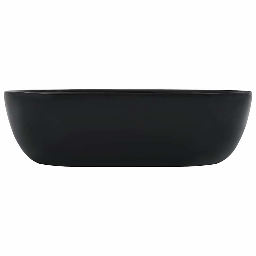 the black ceramic basin, showing its side profile and depth