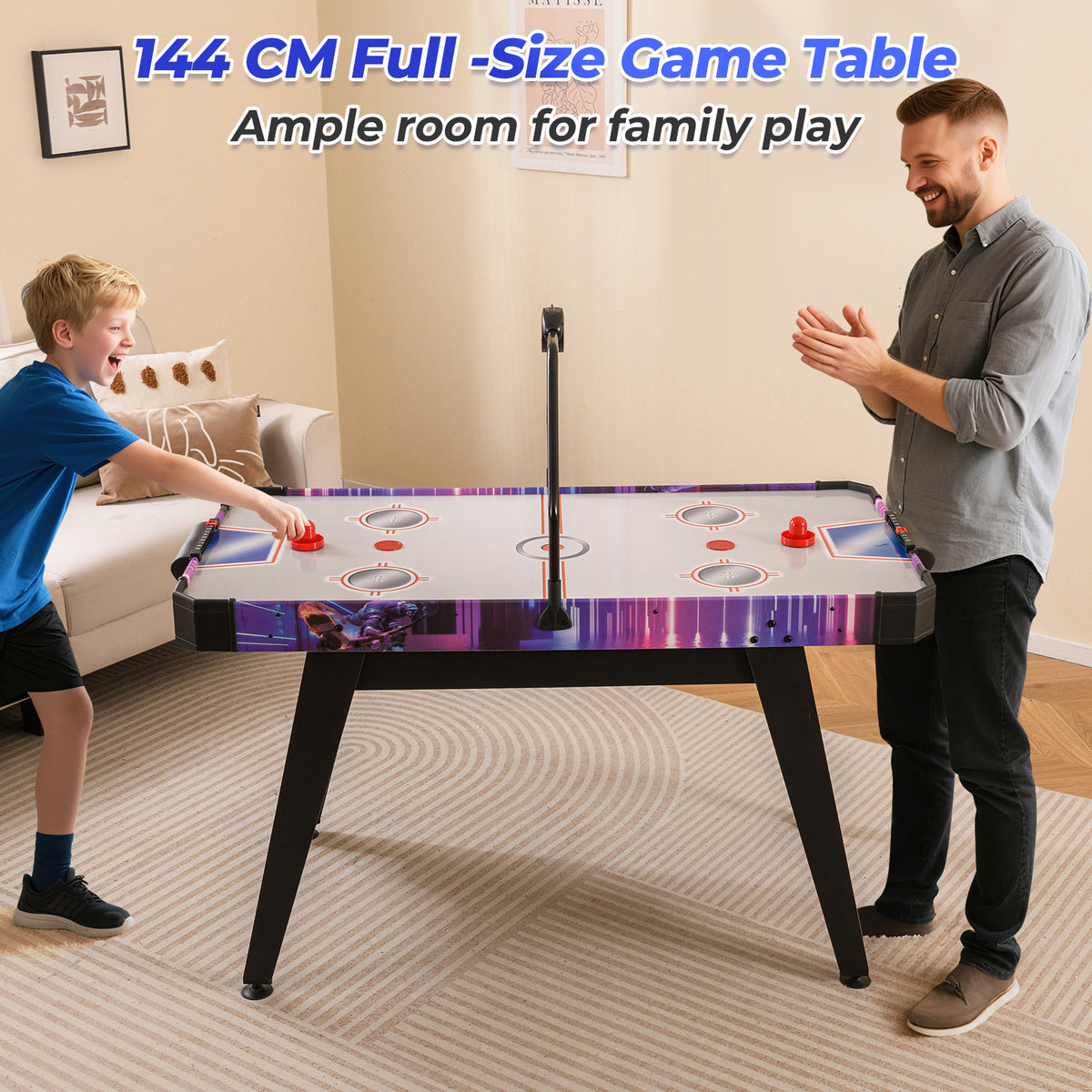 Family playing air hockey on a table in a modern living room setting