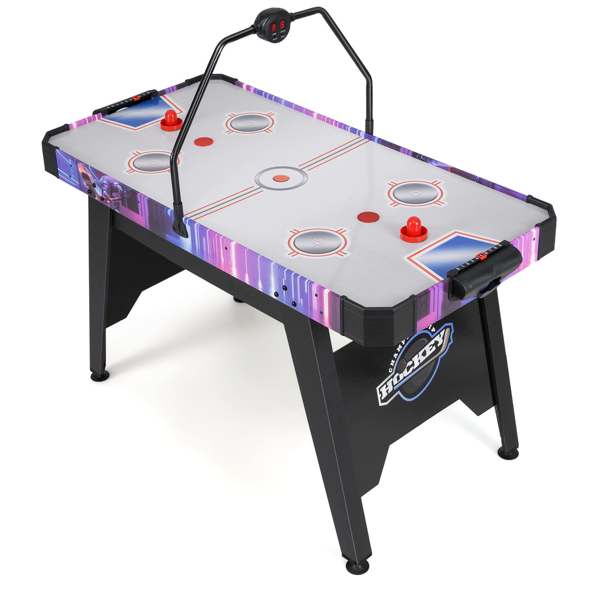 White and purple air hockey table with black legs, seen from a side angle