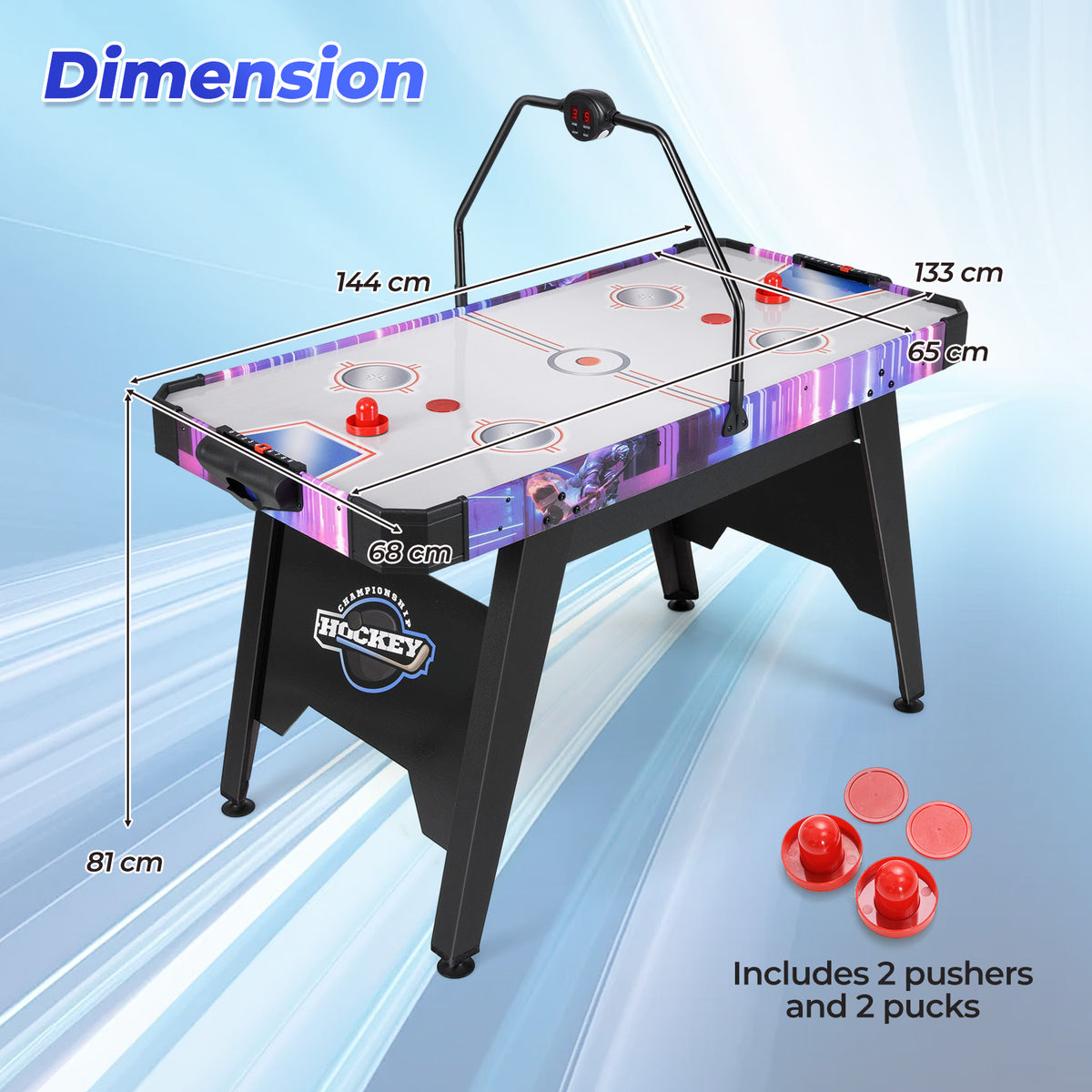 Dimension diagram of the air hockey table showing height, width and depth