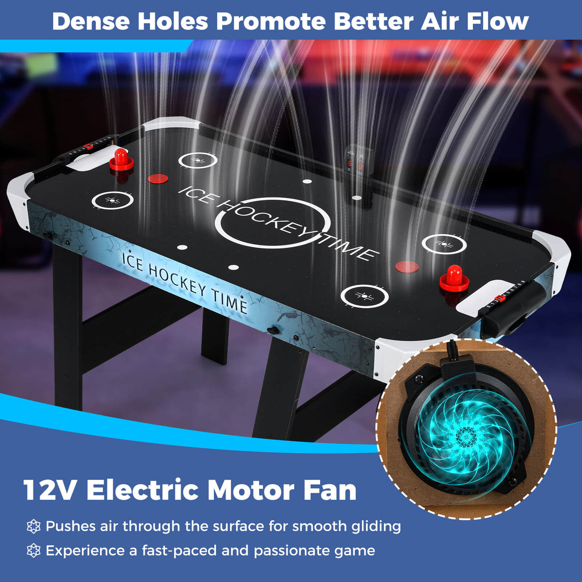 Close up of the air hockey table showing the fan and air holes