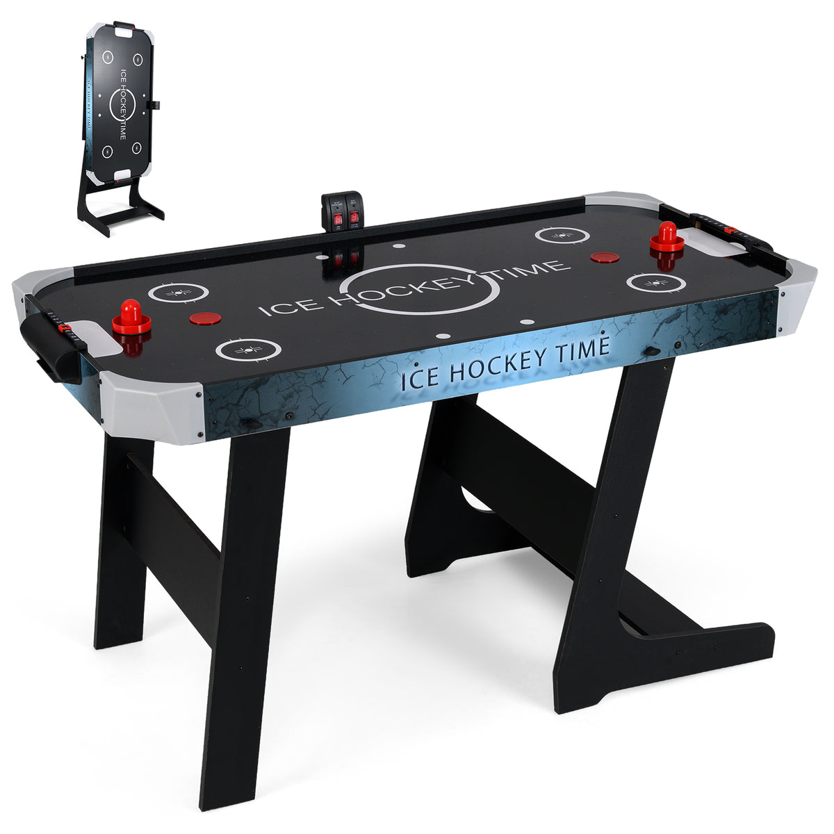 The black foldable air hockey table standing upright and folded