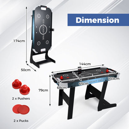 Dimension diagram showing the size of the air hockey table and its accessories