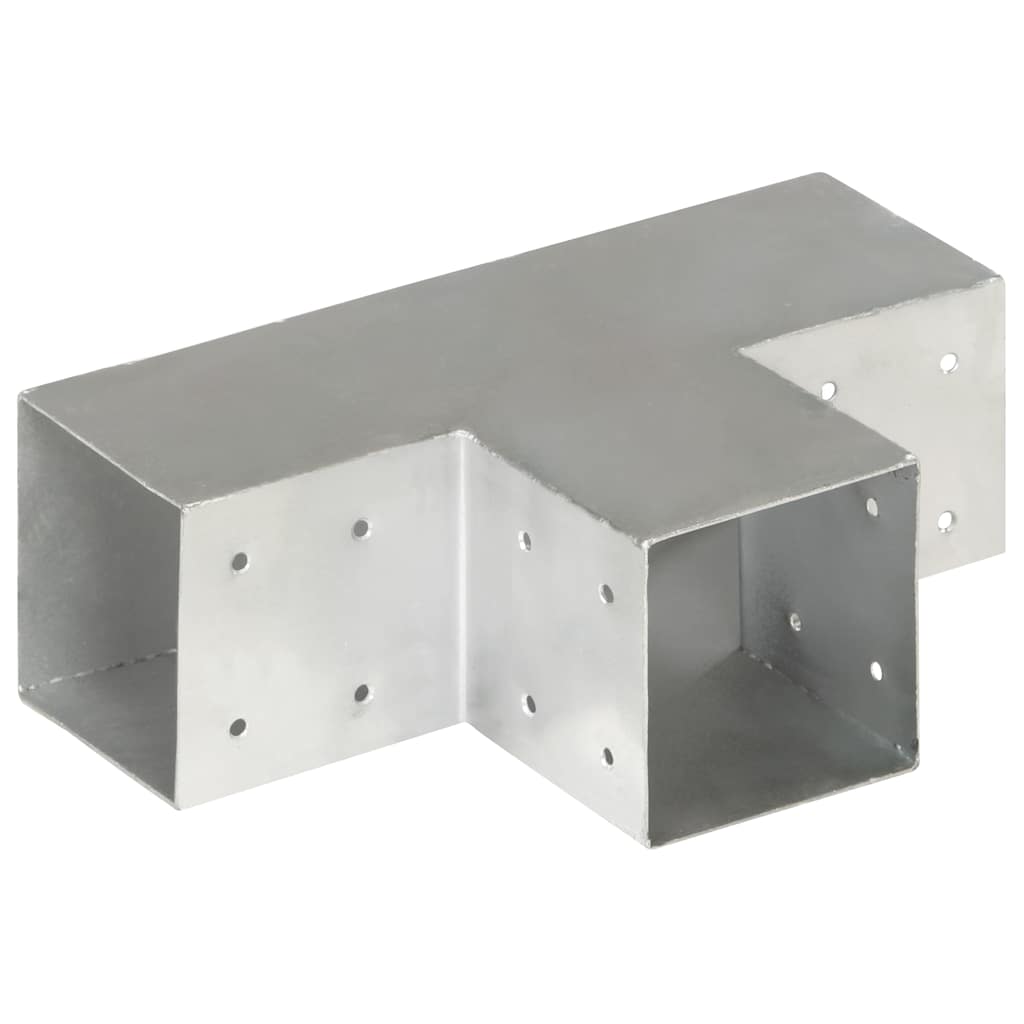 Galvanised metal T-shaped fence post connector from a side angle