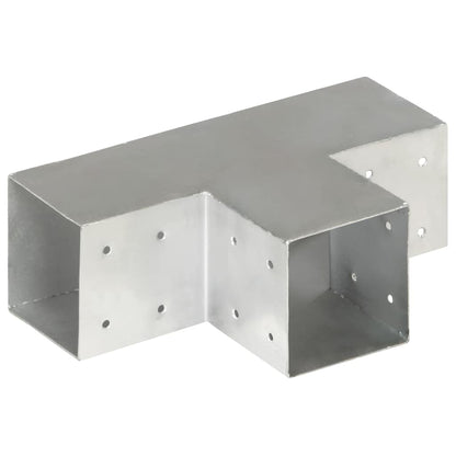 Galvanised metal T-shaped fence post connector from a side angle