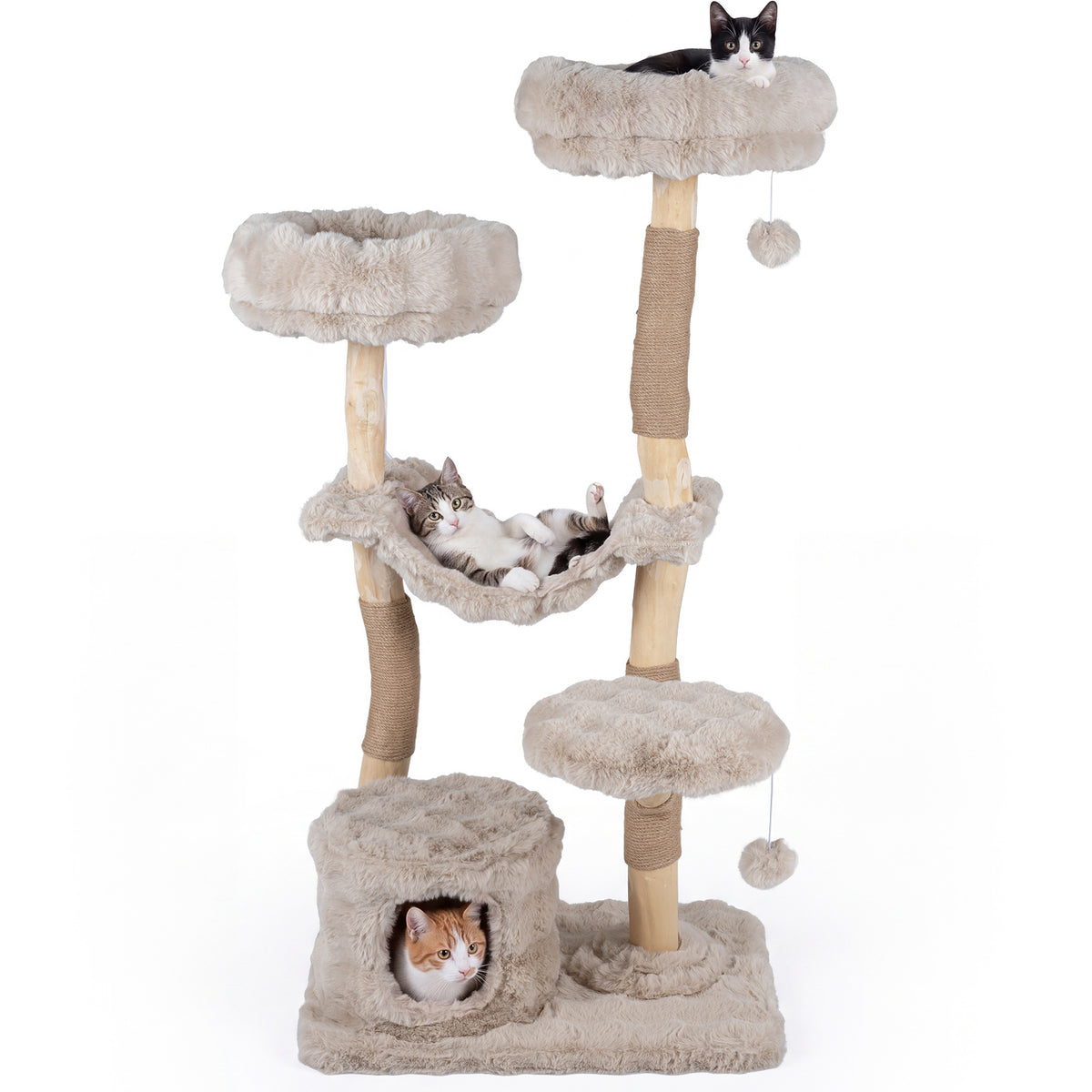 147cm Cat Tree Tower with a cat in the cave and another on the top perch