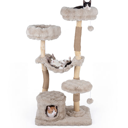 147cm Cat Tree Tower with a cat in the cave and another on the top perch