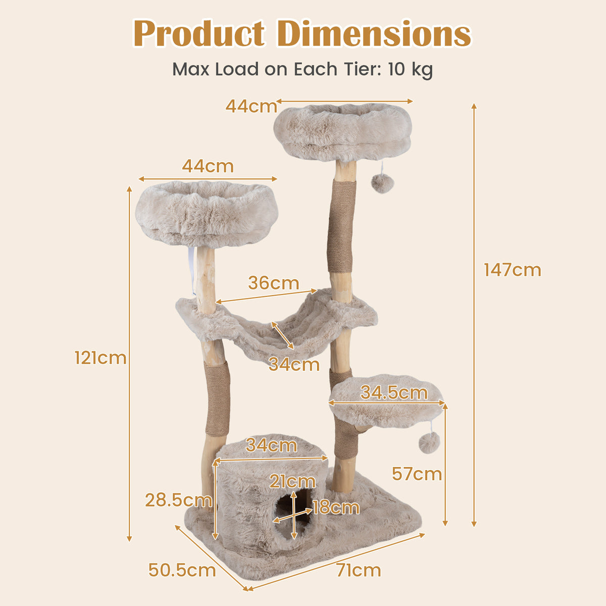 Product dimensions diagram for the cat tree tower
