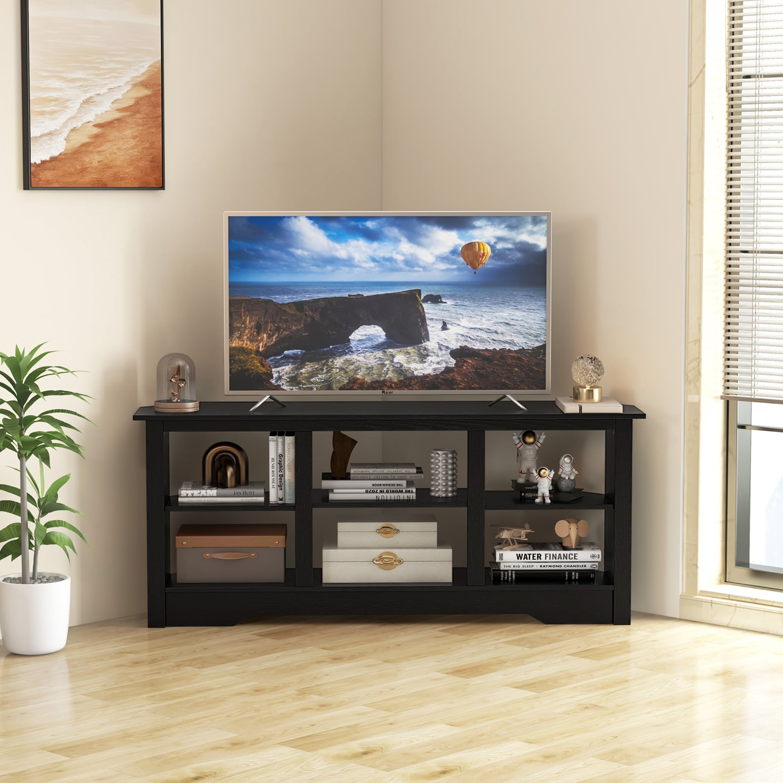 147cm TV Stand for TVs up to 65 Inches with 6 Open Storage Shelves-Black