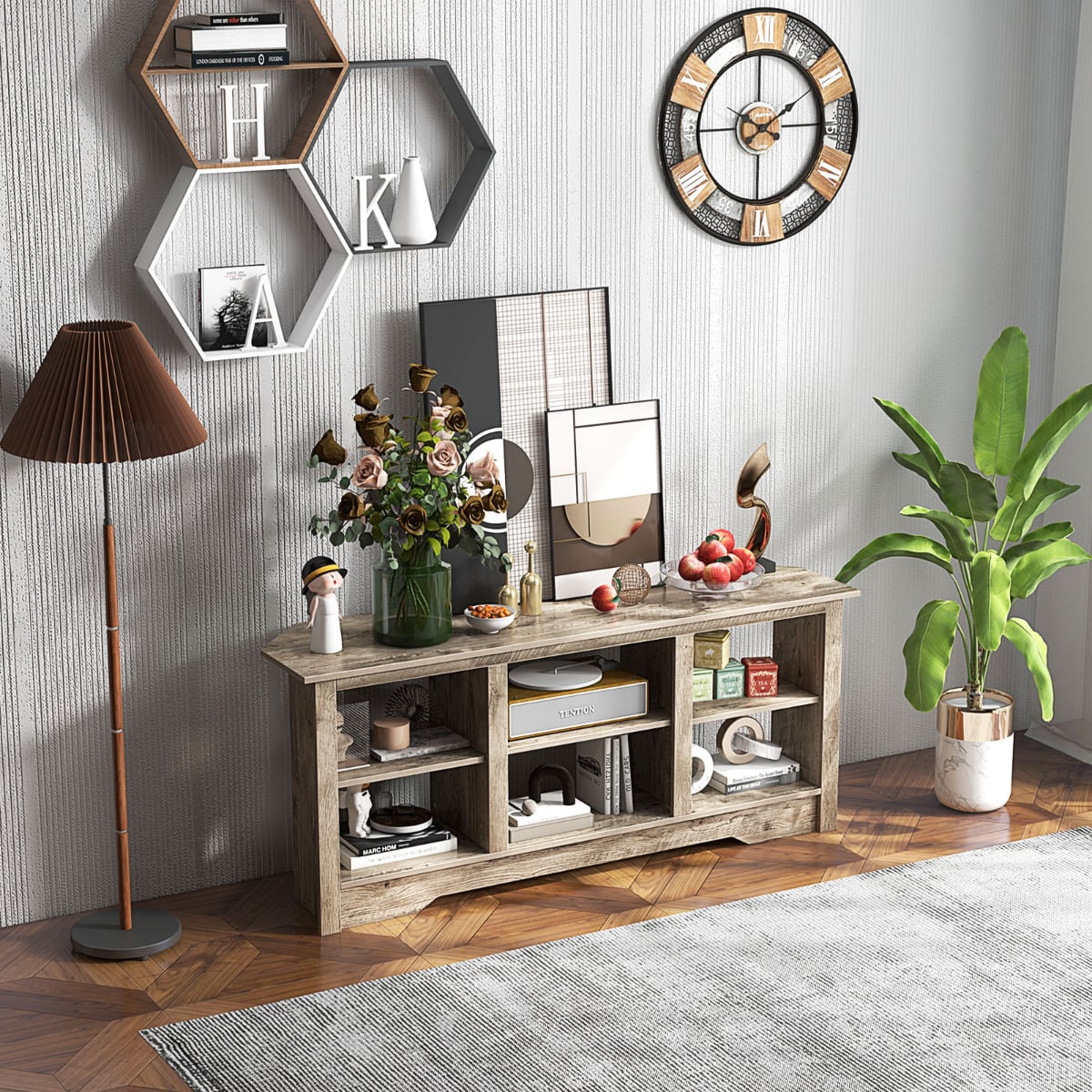 147cm TV Stand for TVs up to 65 Inches with 6 Open Storage Shelves-Grey