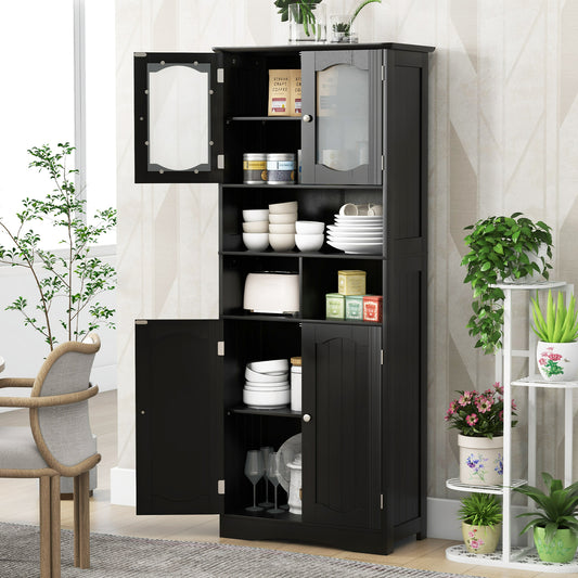 Black bathroom storage cabinet with glass doors, filled with dishes and toiletries