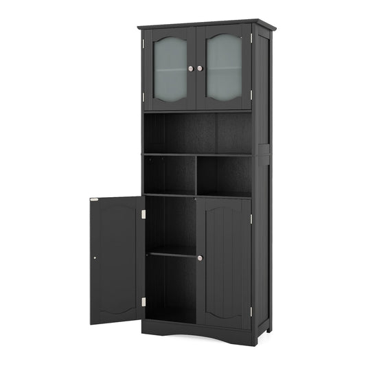 148cm Tall Bathroom Cabinet, a black storage cabinet with glass doors and open shelves