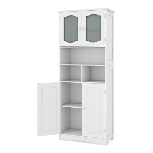 148cm Tall Bathroom Cabinet with glass doors and open lower cupboard door