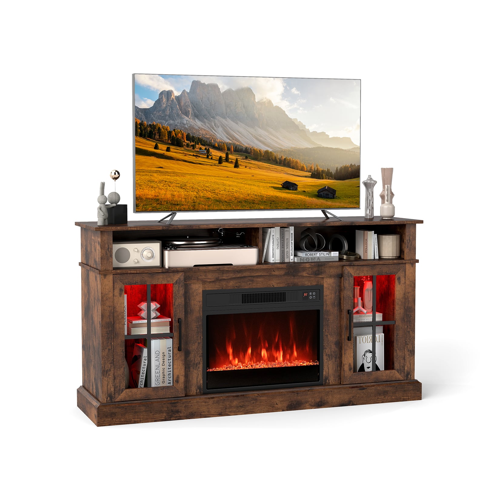 148cm Fireplace TV Stand with LED Lights Entertainment Center for 65 Inch TV-Brown