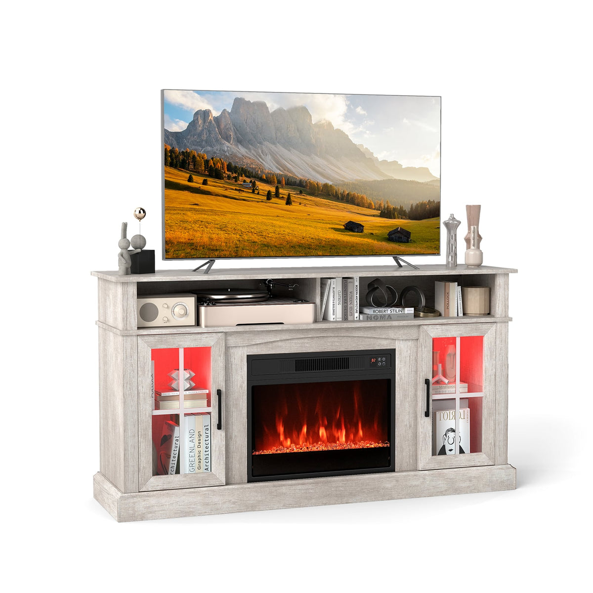 148cm Fireplace TV Stand with LED Lights Entertainment Center for 65 Inch TV-Grey