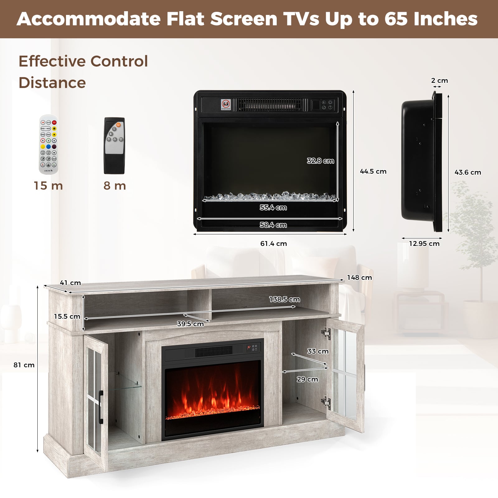 148cm Fireplace TV Stand with LED Lights Entertainment Center for 65 Inch TV-Grey