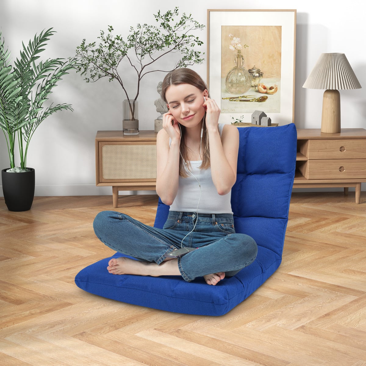 14-Position Adjustable Floor Chair with High Resilience Sponge-Blue