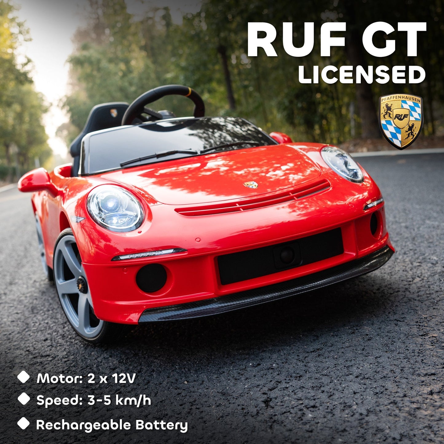 AIYAPLAY Kids Electric Car, 12V Licensed RUF GT Ride on Car with Suspension, Remote Control, Music, for 3-5 Years, Red