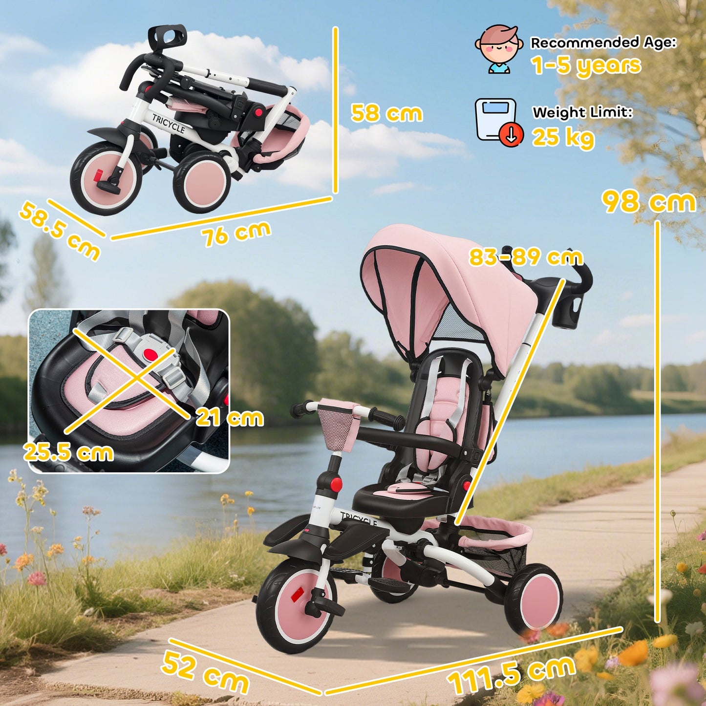 AIYAPLAY 6 in 1 Foldable Kids Trike with Adjustable Parent Handle & Canopy for Ages 1-5, Pink