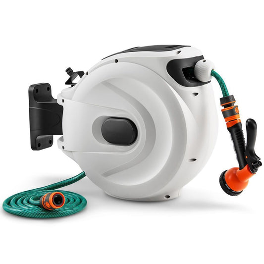 15+1M and 20+2M Wall Mounted Hose Reel Retractable Auto Rewind with spray nozzle and green hose
