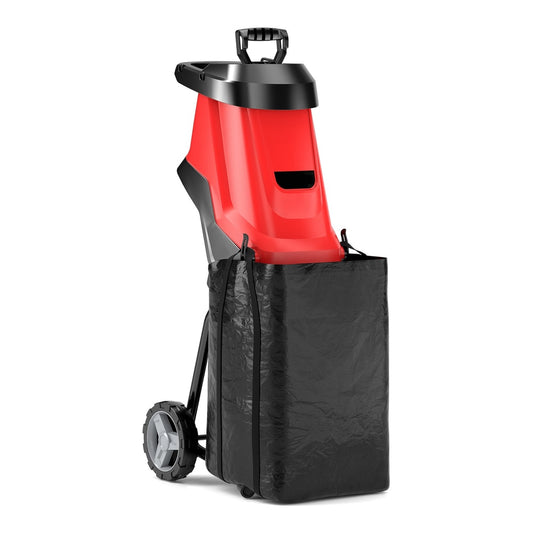 15-AMP Electric Wood Chipper and Shredder with Wheels standing with a black collection bag attached