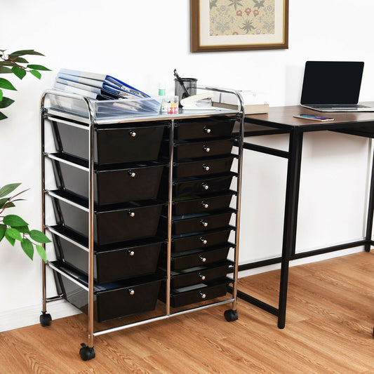 The black storage cart is shown next to a desk with a laptop and some papers