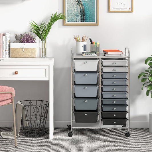The dark grey storage cart is next to a white desk in a home office setting
