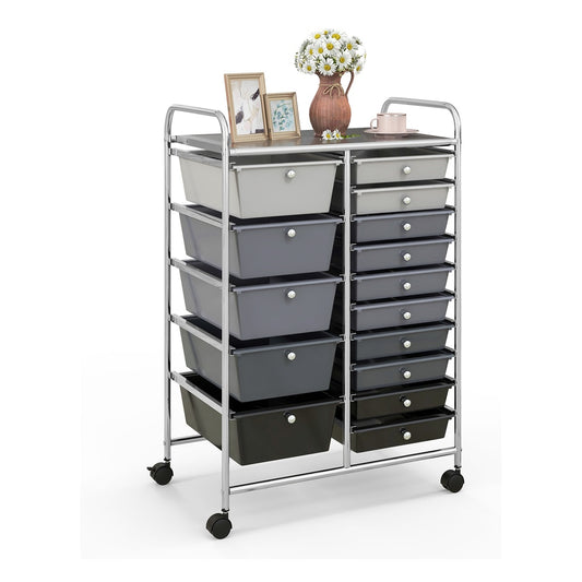 15 Drawer Rolling Storage Cart with 4 wheels in dark grey, shown from the front