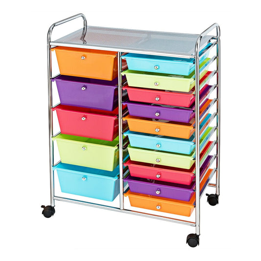 15 Drawer Rolling Storage Cart with colourful drawers and chrome frame on wheels