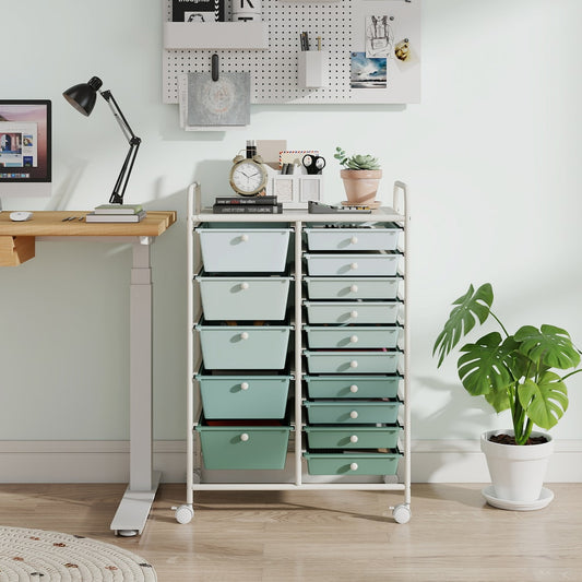 The green and blue rolling storage cart in a home office setting