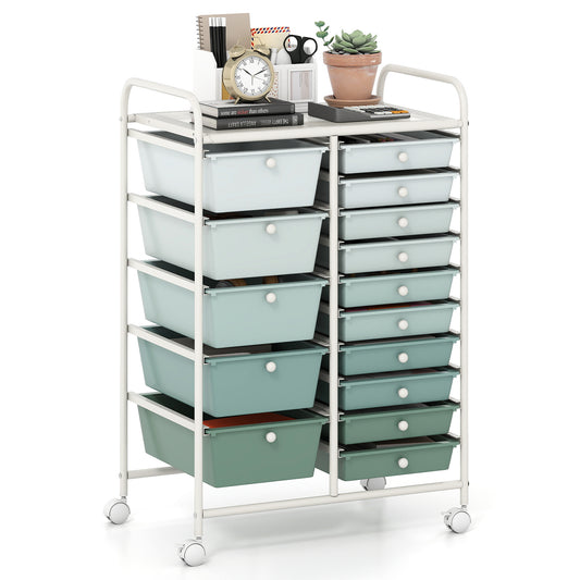 15 Drawer Rolling Storage Cart with 4 wheels in green and light blue drawers