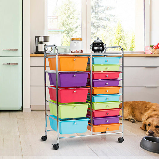 Multicolour rolling storage cart in a kitchen setting next to a dog