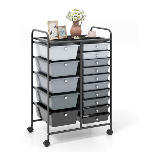 15 Drawer Rolling Storage Cart with 4 wheels in light grey, featuring two shelves and 15 drawers