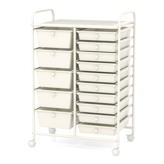 15 Drawer Rolling Storage Cart with 4 wheels in white, a tall unit with two columns of drawers