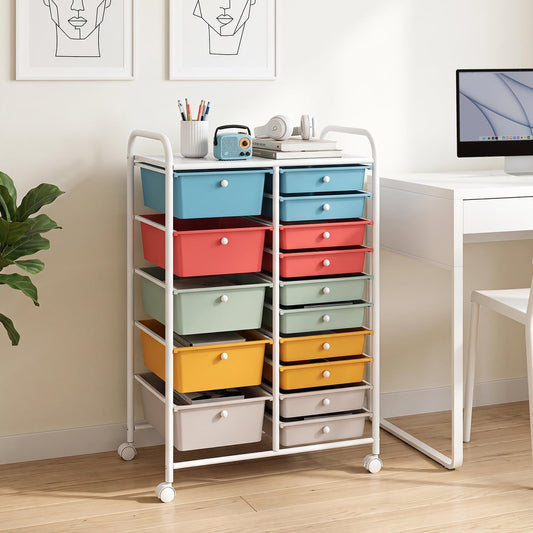 The storage cabinet is shown next to a desk with art supplies on top