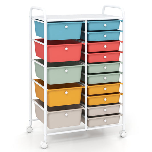 15 Drawer Rolling Storage Cart with a white metal frame and rainbow coloured drawers
