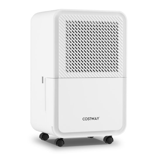 15 L Dehumidifier for Home with 4 Modes and 24H Timer-White, a white dehumidifier with wheels on a white background