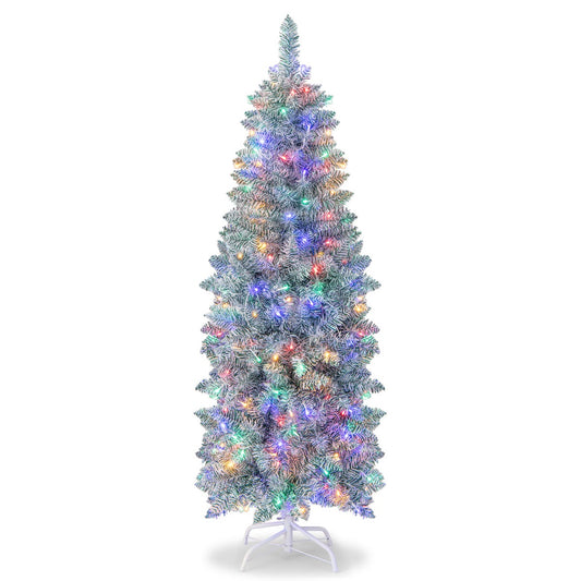 150/180 cm Slim Pencil Christmas Tree with colourful LED lights and flocked branches
