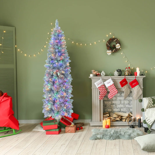 the slim pencil Christmas tree decorated with colourful lights in a cosy room setting