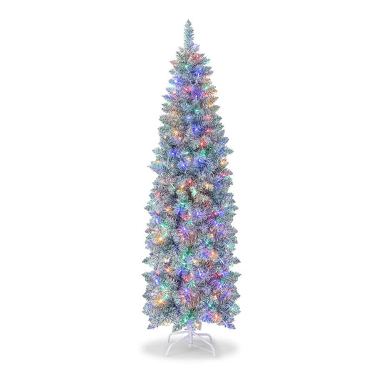 150/180 cm Slim Pencil Christmas Tree with colourful LED lights and a white metal stand