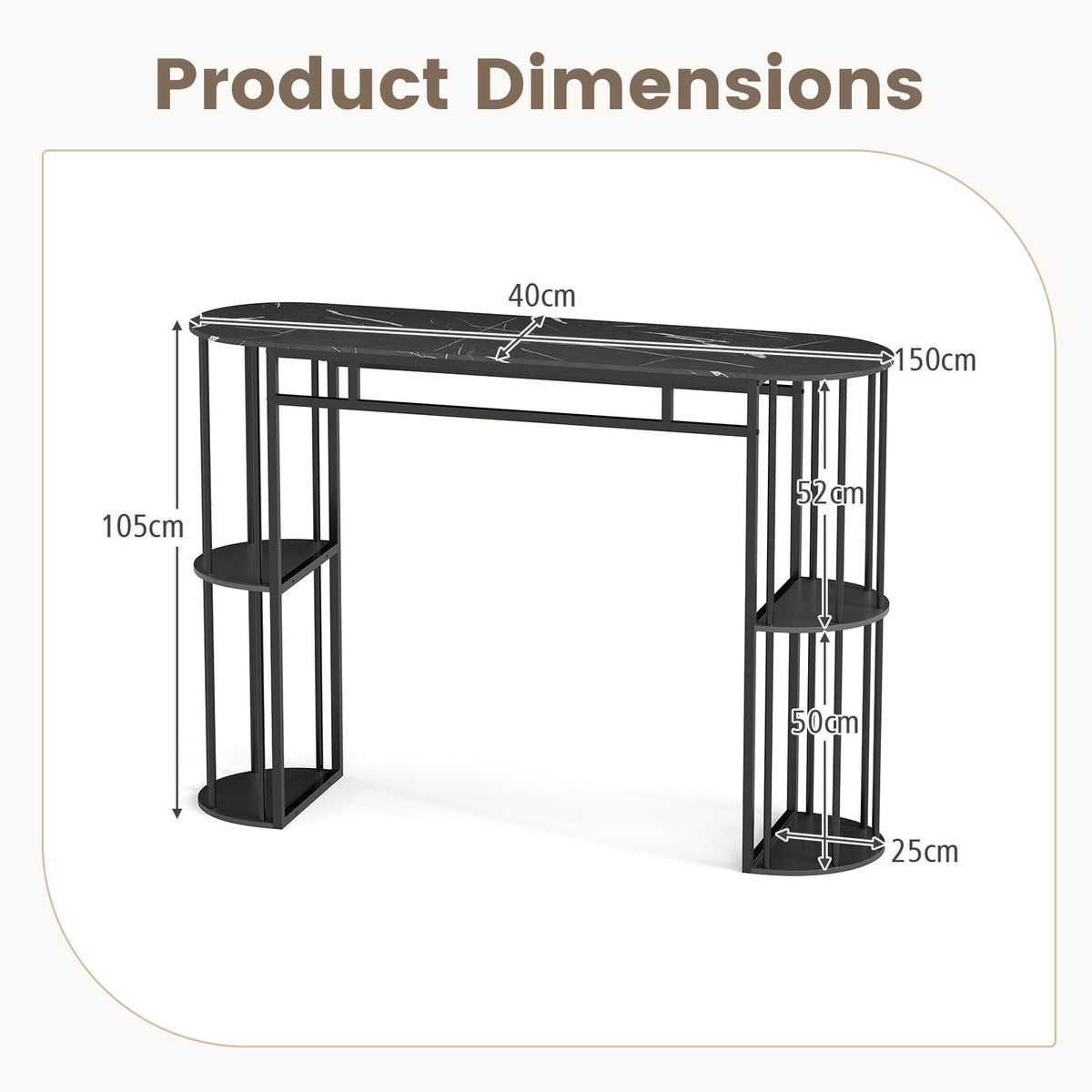 150 CM Long Bar Table with Faux Marble Tabletop & Storage Shelves for Kitchen & Dining-Black