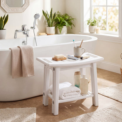 150 KG Capacity HDPE Shower Bench with Storage Shelf and Handles-White